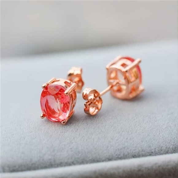 OVAL Cut Pink Yellow Bi-colored Tourmaline Natural Gemstone Stud Earrings - Picture 4 of 9